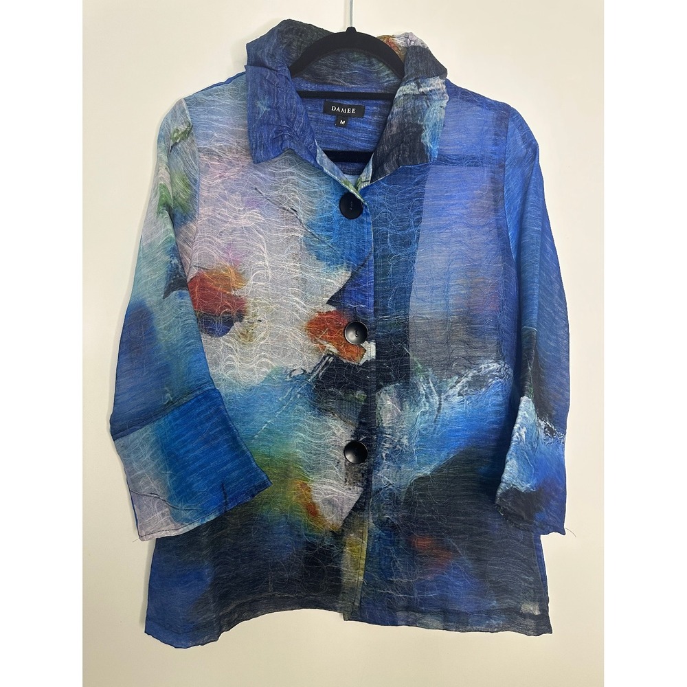 Damee Abstract Art to Wear Sheer Textured Button Up Jacket Topper Blue Medium - Picture 3 of 12